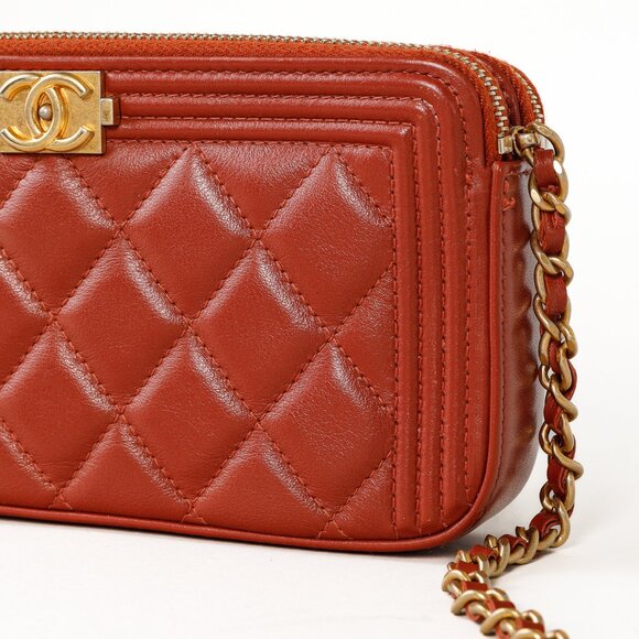 Chanel Red Grained Calfskin GHW Quilted Small Boy Clutch With Chain - Picture 6 of 13